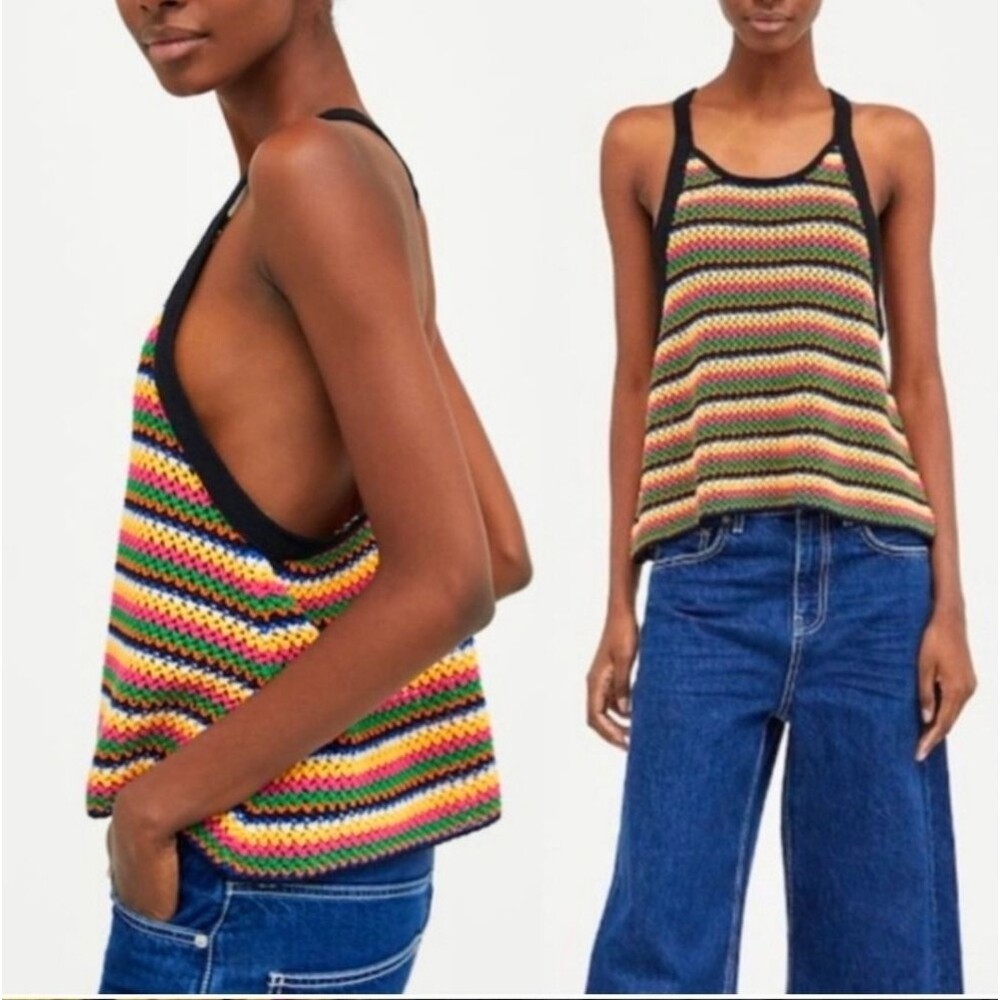ZARA Knit Multicolor Crochet Oversized Racerback Top Colorful Stripe M
